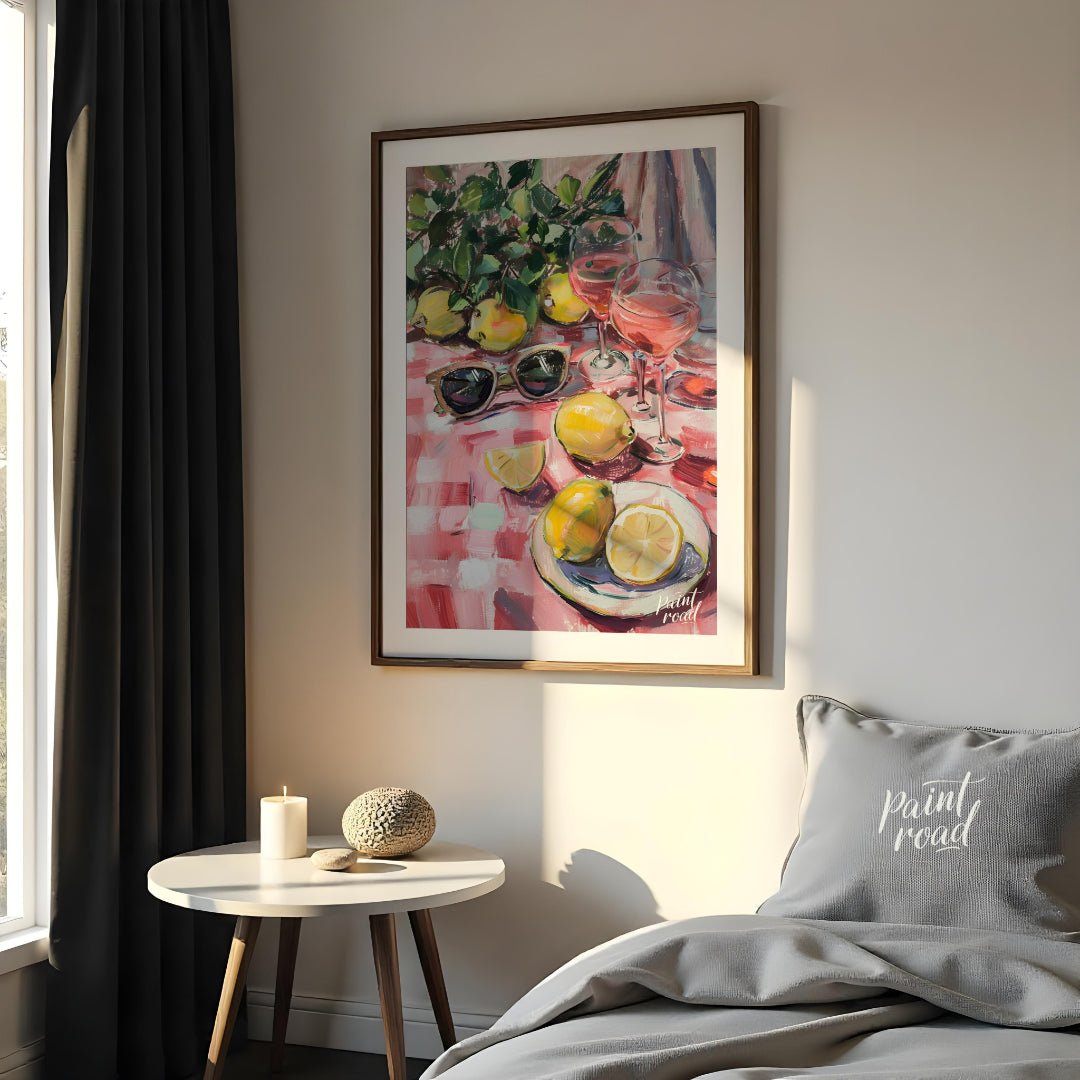 This charming painting captures a sun-drenched picnic scene, featuring ripe lemons, rosé wine glass… for bedroom