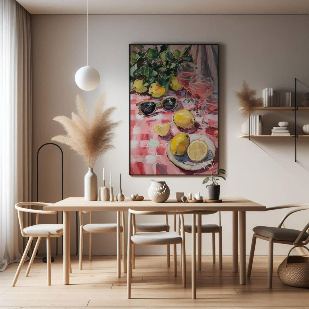 This charming painting captures a sun-drenched picnic scene, featuring ripe lemons, rosé wine glass… for dining room