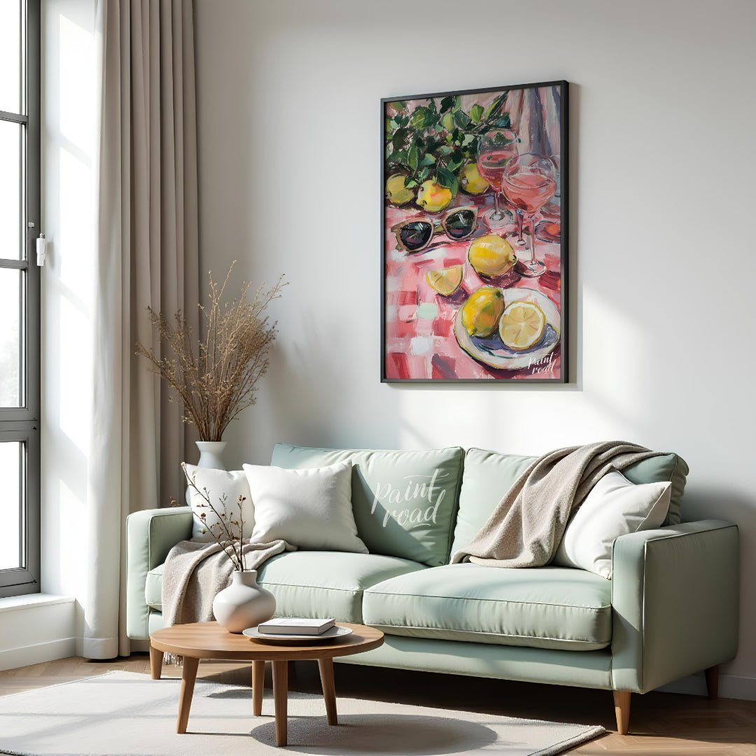 This charming painting captures a sun-drenched picnic scene, featuring ripe lemons, rosé wine glass… for living room