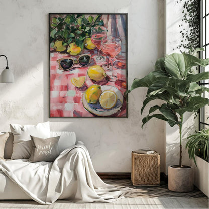 This charming painting captures a sun-drenched picnic scene, featuring ripe lemons, rosé wine glass… for living room