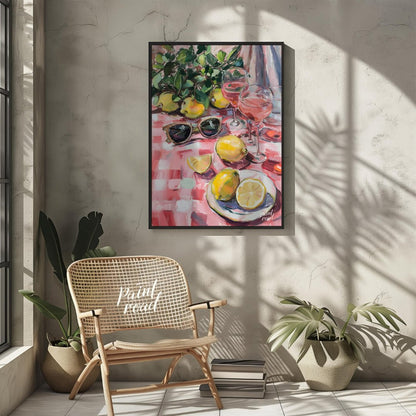 This charming painting captures a sun-drenched picnic scene, featuring ripe lemons, rosé wine glass… for outdoor