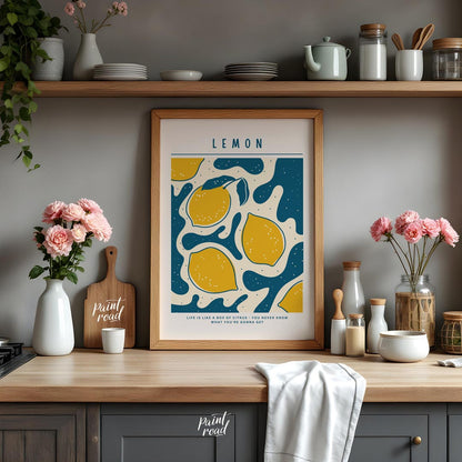 This vibrant and whimsical poster features a captivating abstract design centered around lemons, ex… for kitchen