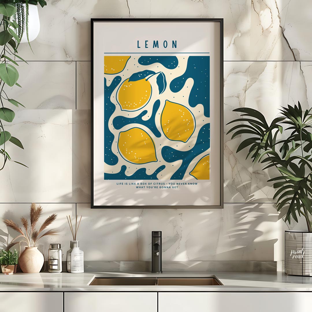 This vibrant and whimsical poster features a captivating abstract design centered around lemons, ex… for kitchen