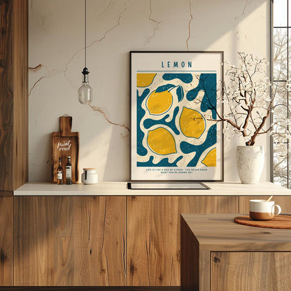 This vibrant and whimsical poster features a captivating abstract design centered around lemons, ex… for kitchen