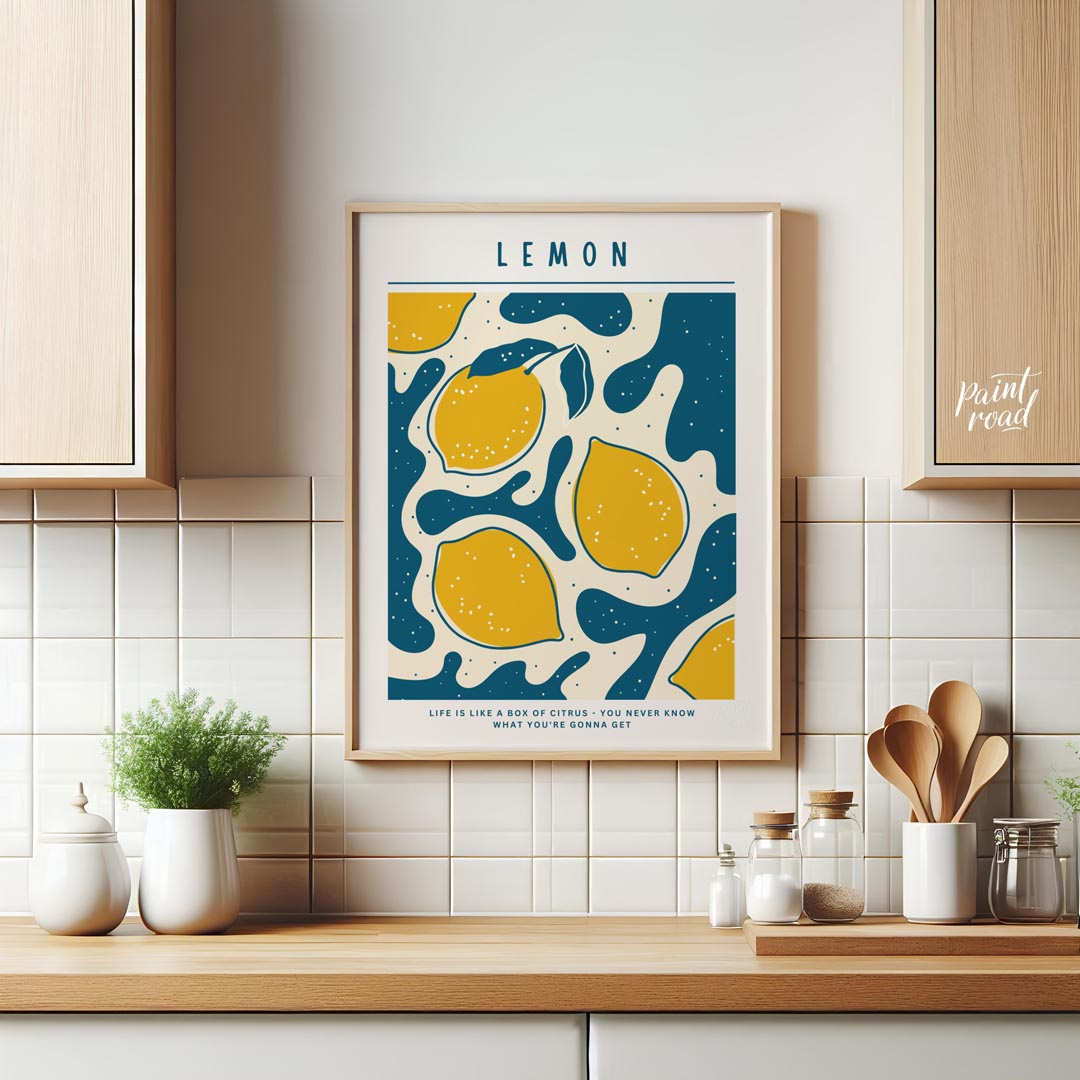 This vibrant and whimsical poster features a captivating abstract design centered around lemons, ex… for kitchen