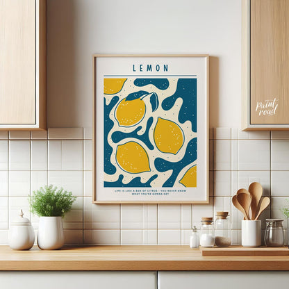 This vibrant and whimsical poster features a captivating abstract design centered around lemons, ex… for kitchen