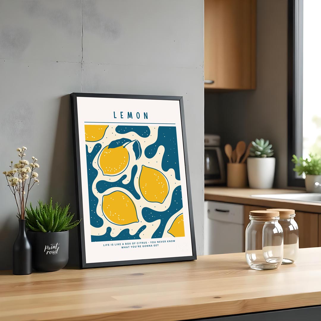 This vibrant and whimsical poster features a captivating abstract design centered around lemons, ex… for kitchen