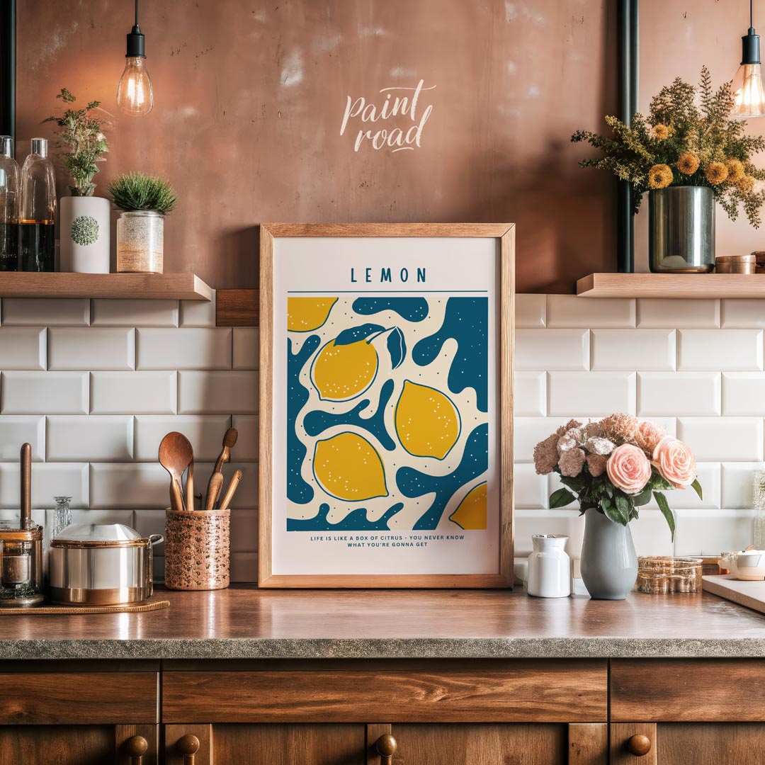 This vibrant and whimsical poster features a captivating abstract design centered around lemons, ex… for kitchen