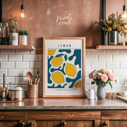 This vibrant and whimsical poster features a captivating abstract design centered around lemons, ex… for kitchen