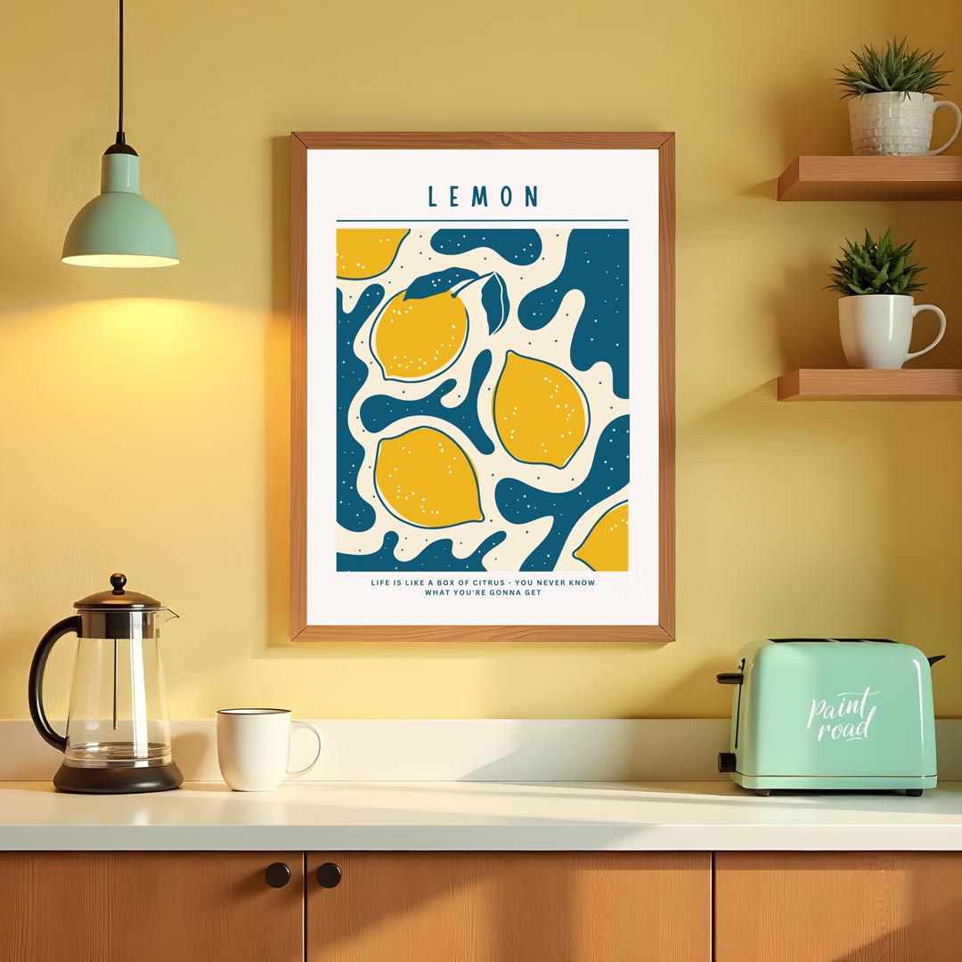 This vibrant and whimsical poster features a captivating abstract design centered around lemons, ex… for kitchen