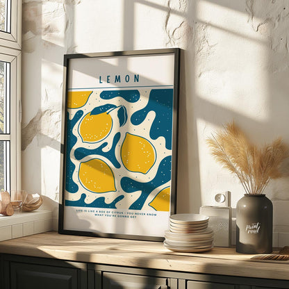 This vibrant and whimsical poster features a captivating abstract design centered around lemons, ex… for kitchen