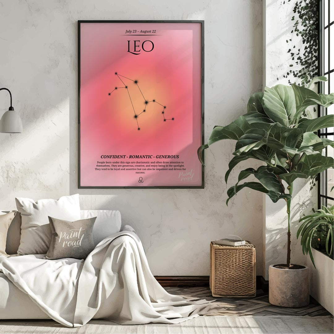 This Leo zodiac sign poster represents those born between July 23 and August 22 with a warm gradien… for bedroom