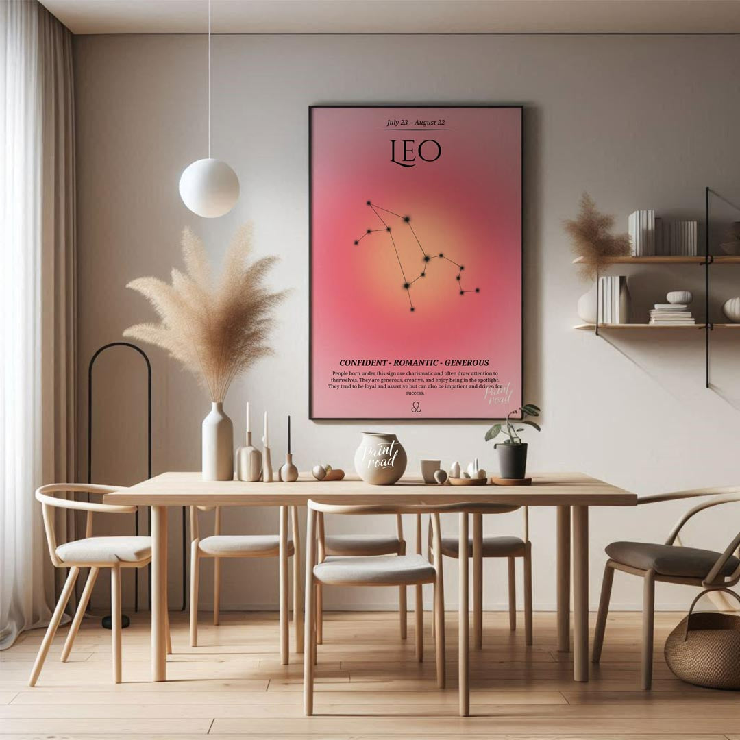 This Leo zodiac sign poster represents those born between July 23 and August 22 with a warm gradien… for dining room