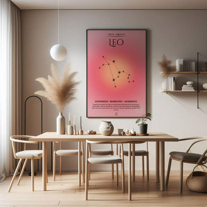 This Leo zodiac sign poster represents those born between July 23 and August 22 with a warm gradien… for dining room