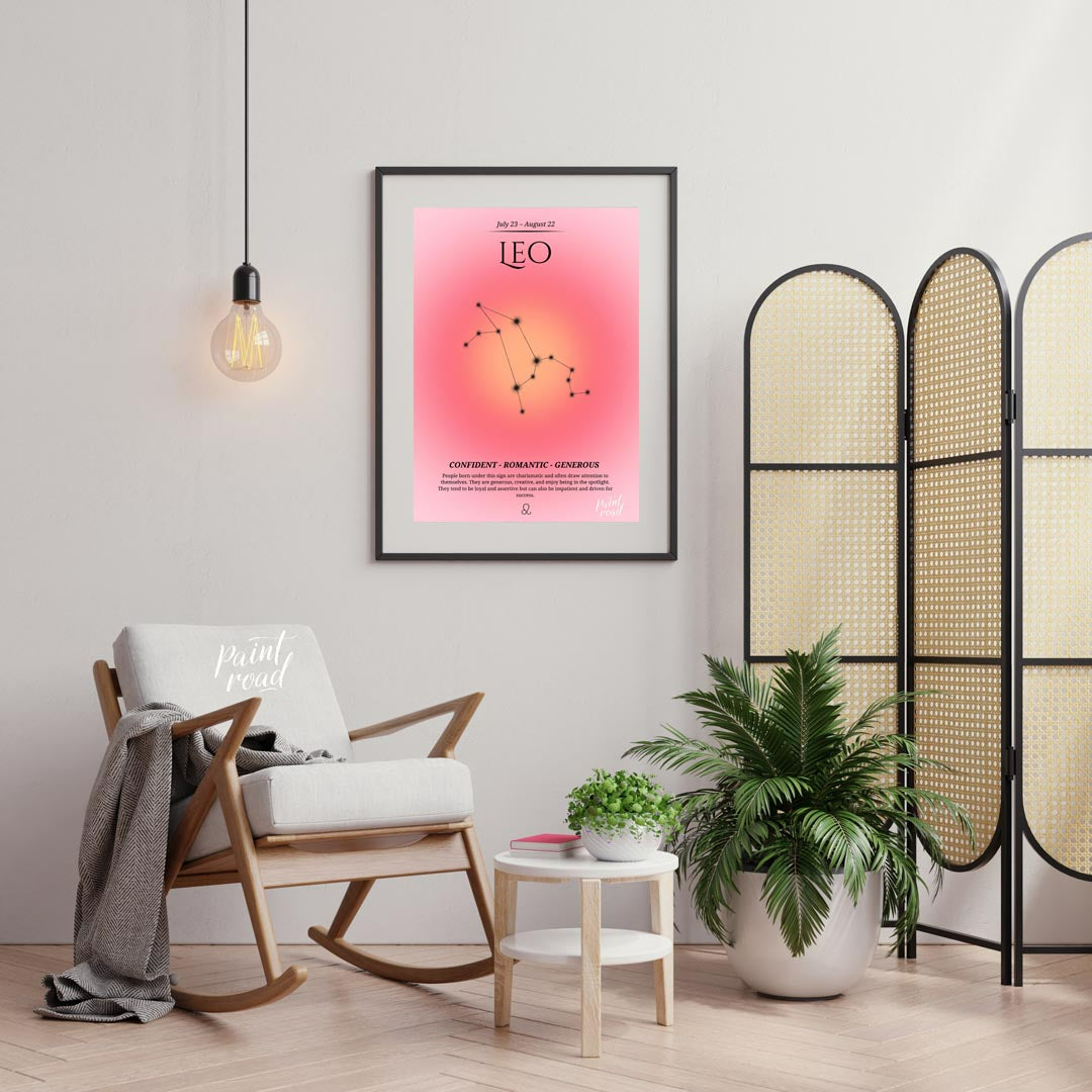 This Leo zodiac sign poster represents those born between July 23 and August 22 with a warm gradien… for living room