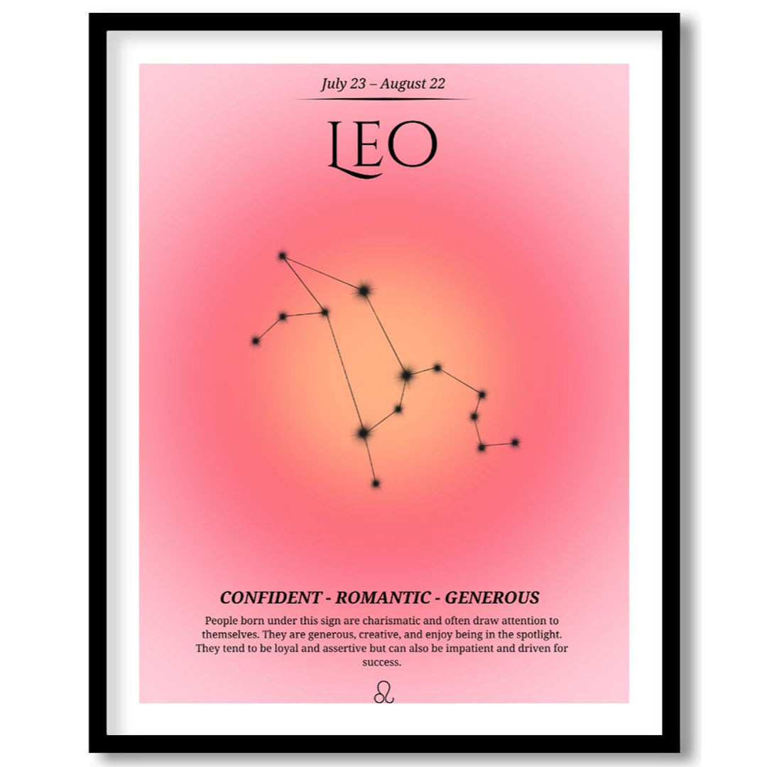 This Leo zodiac sign poster represents those born between July 23 and August 22 with a warm gradien… for room
