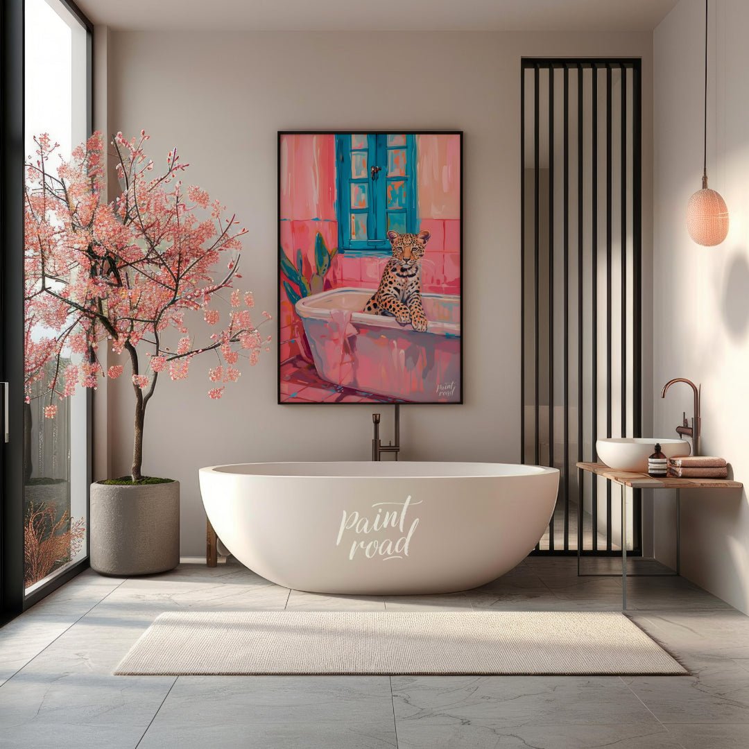 This whimsical digital painting features a young leopard lounging in a pastel pink bathtub against … for bathroom