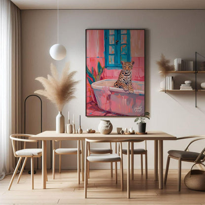 This whimsical digital painting features a young leopard lounging in a pastel pink bathtub against … for dining room