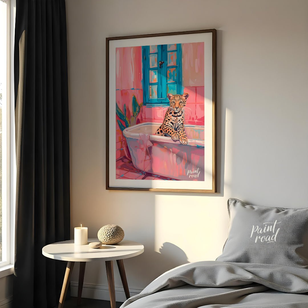 This whimsical digital painting features a young leopard lounging in a pastel pink bathtub against … for bedroom
