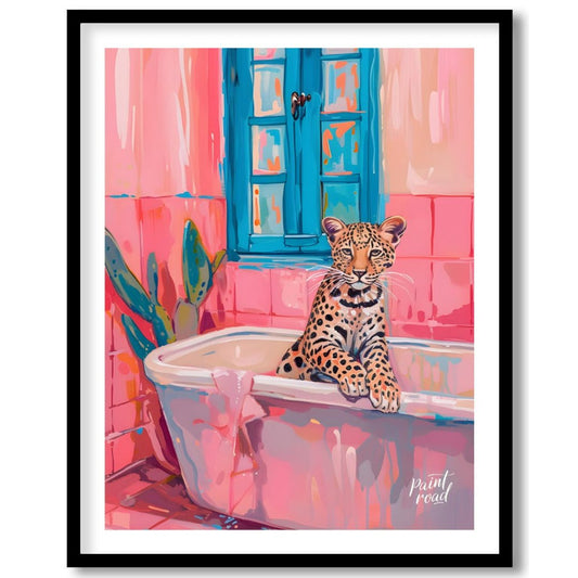 This whimsical digital painting features a young leopard lounging in a pastel pink bathtub against … for kitchen