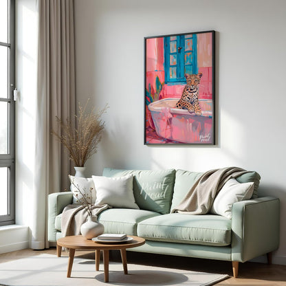 This whimsical digital painting features a young leopard lounging in a pastel pink bathtub against … for living room