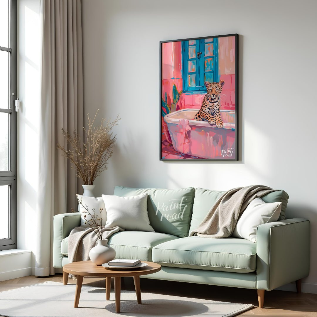 This whimsical digital painting features a young leopard lounging in a pastel pink bathtub against … for living room