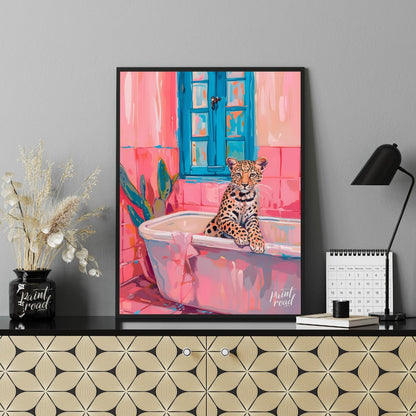 This whimsical digital painting features a young leopard lounging in a pastel pink bathtub against … for office