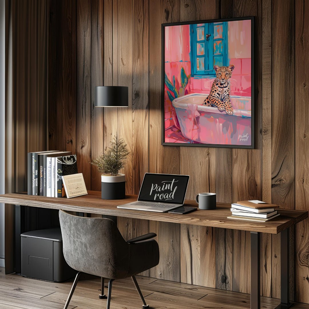 This whimsical digital painting features a young leopard lounging in a pastel pink bathtub against … for office