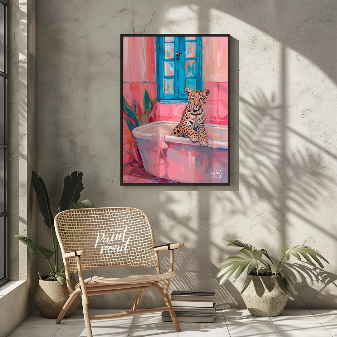 This whimsical digital painting features a young leopard lounging in a pastel pink bathtub against … for other