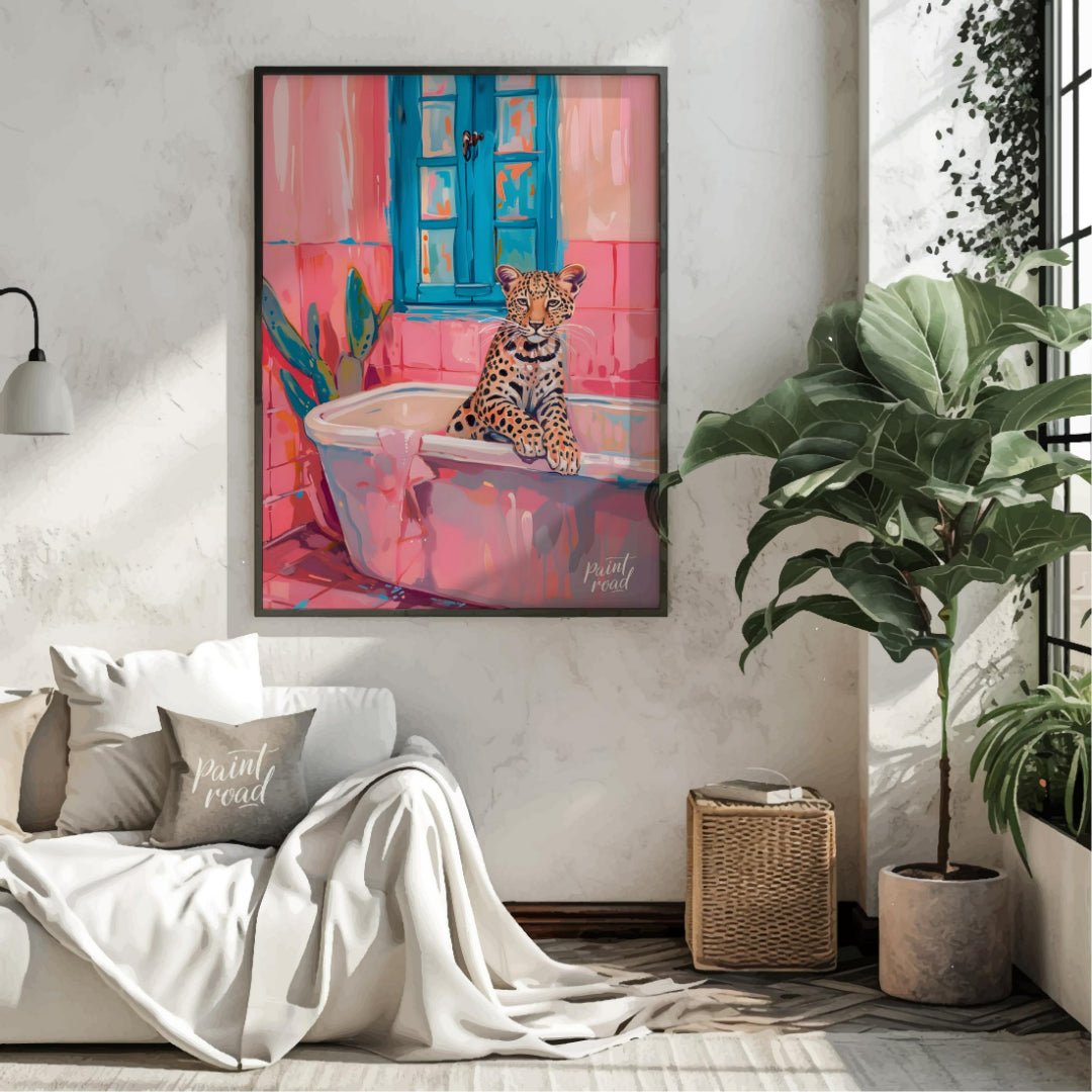This whimsical digital painting features a young leopard lounging in a pastel pink bathtub against … for living room