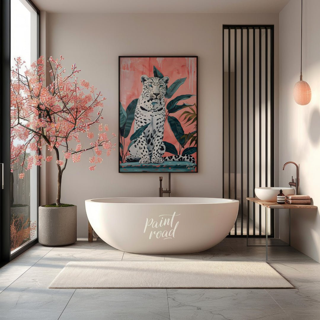 This vibrant art captures the striking beauty and quiet power of a white leopard amidst lush tropic… for bathroom