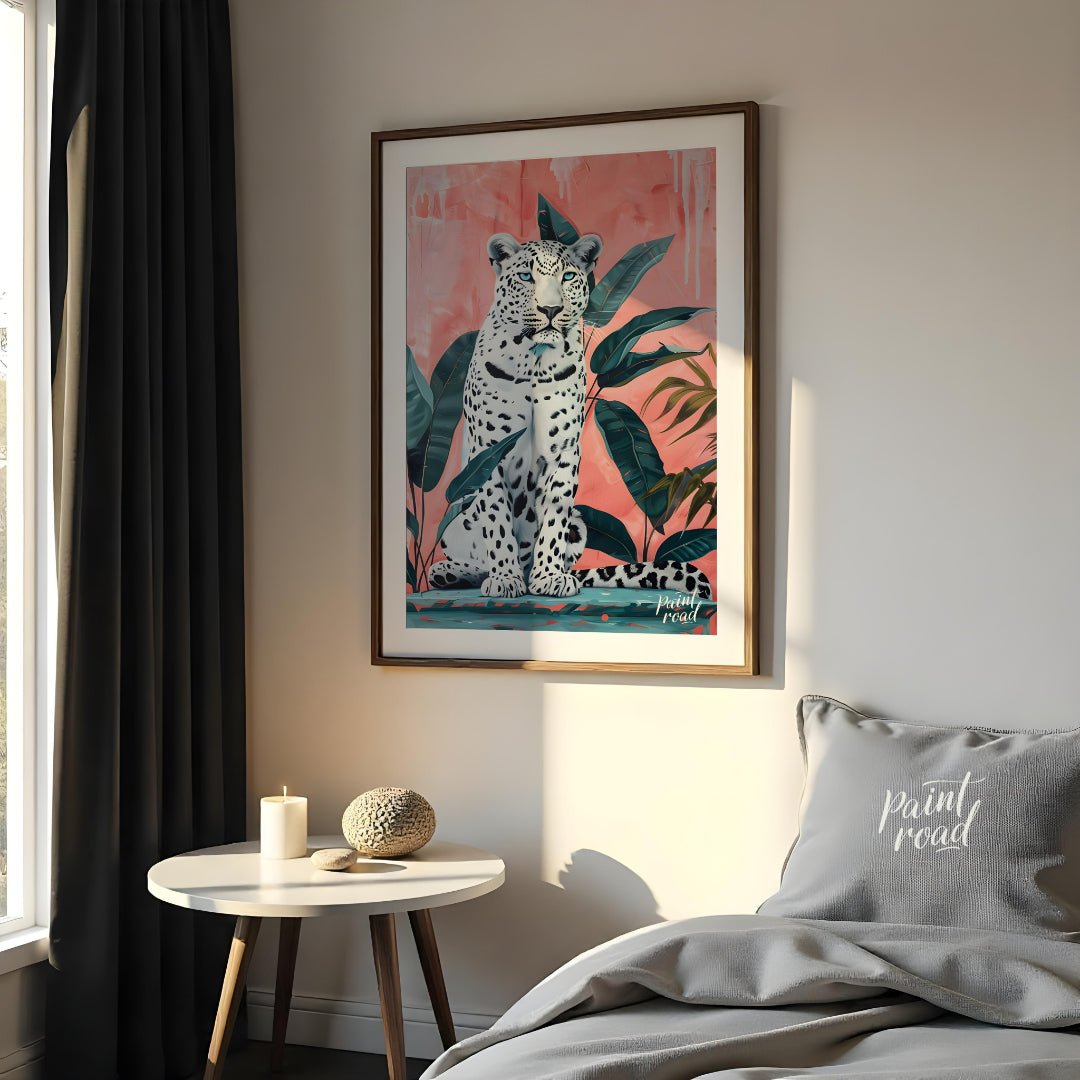 This vibrant art captures the striking beauty and quiet power of a white leopard amidst lush tropic… for bedroom