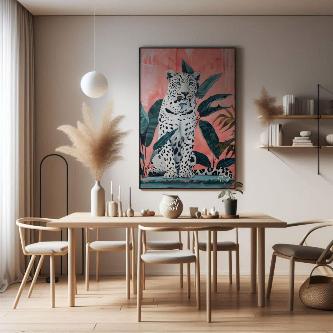 This vibrant art captures the striking beauty and quiet power of a white leopard amidst lush tropic… for dining room