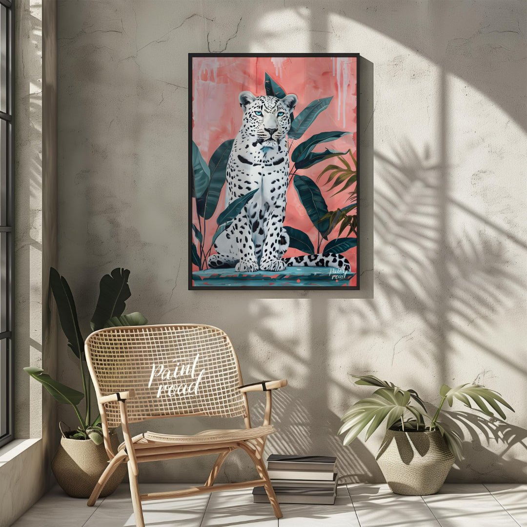 This vibrant art captures the striking beauty and quiet power of a white leopard amidst lush tropic… for living room