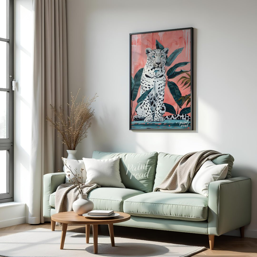 This vibrant art captures the striking beauty and quiet power of a white leopard amidst lush tropic… for living room