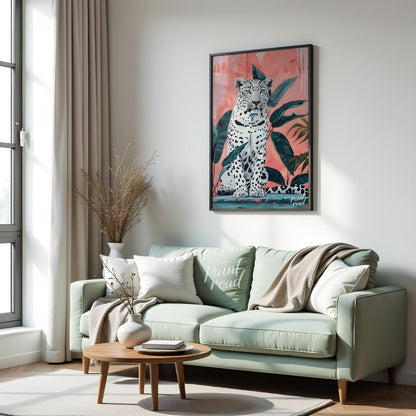 This vibrant art captures the striking beauty and quiet power of a white leopard amidst lush tropic… for living room