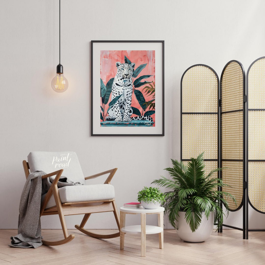 This vibrant art captures the striking beauty and quiet power of a white leopard amidst lush tropic… for living room