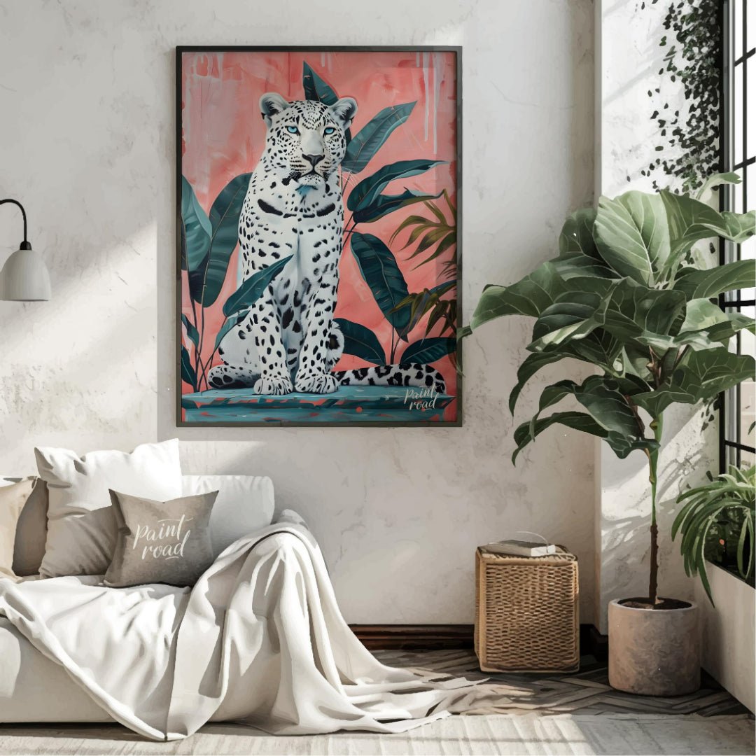 This vibrant art captures the striking beauty and quiet power of a white leopard amidst lush tropic… for living room