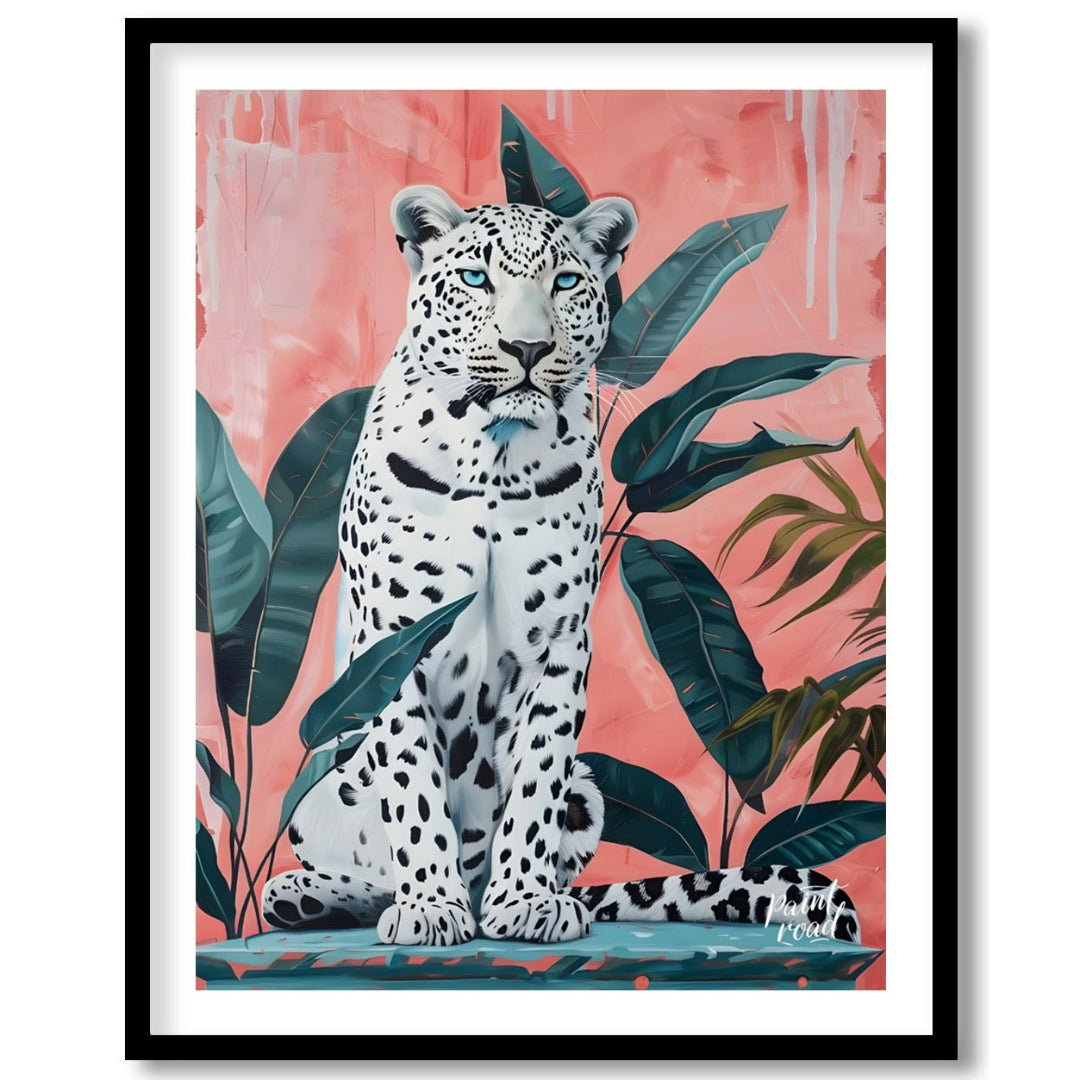 This vibrant art captures the striking beauty and quiet power of a white leopard amidst lush tropic… for lovely house