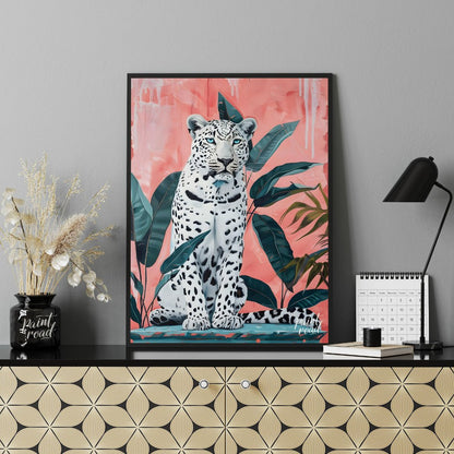 This vibrant art captures the striking beauty and quiet power of a white leopard amidst lush tropic… for office