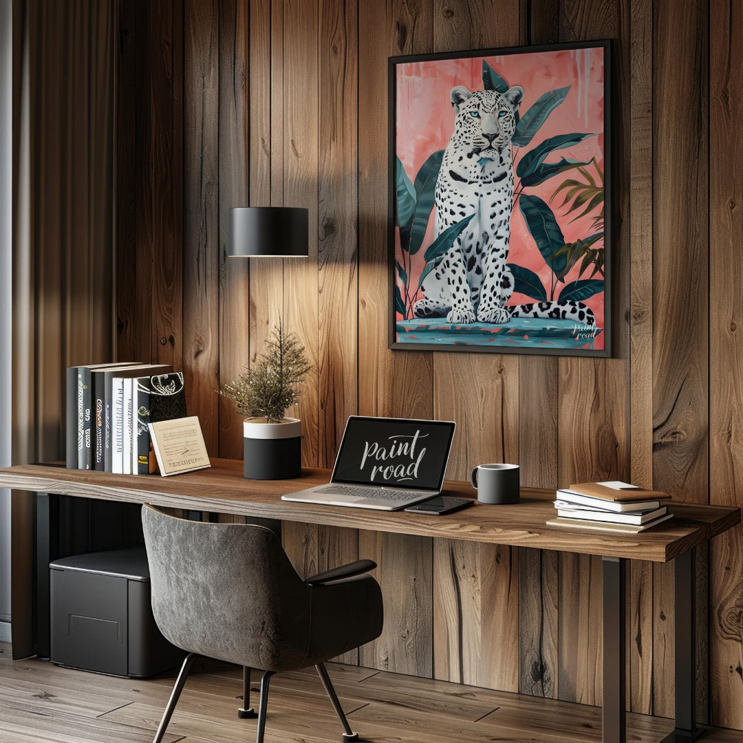 This vibrant art captures the striking beauty and quiet power of a white leopard amidst lush tropic… for office