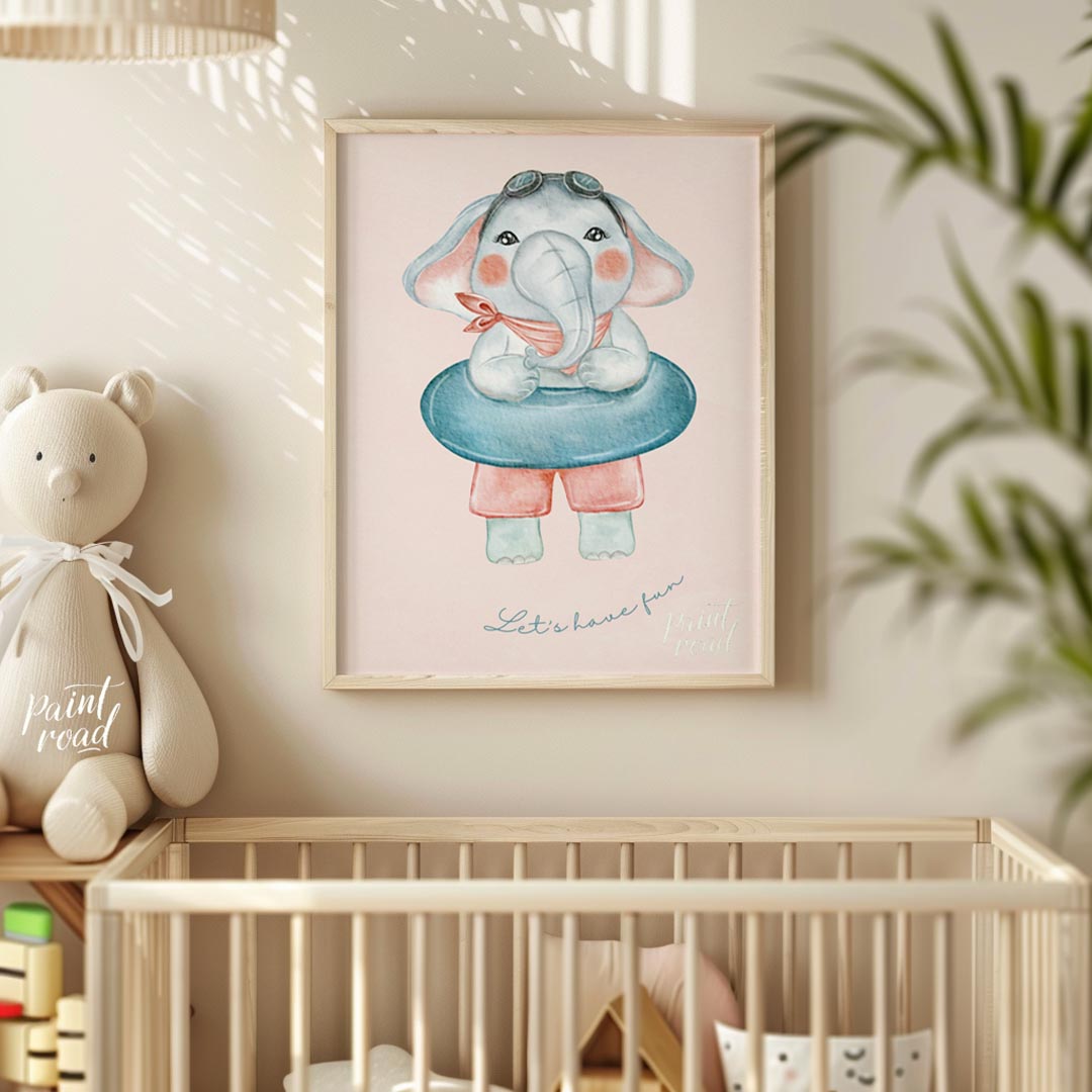 This playful illustration captures the joyful energy of childhood through a charming elephant chara… for nursery