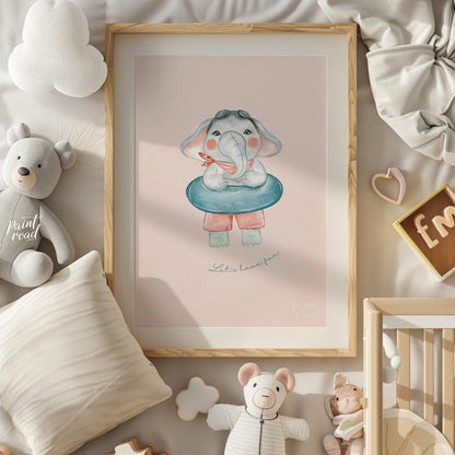This playful illustration captures the joyful energy of childhood through a charming elephant chara… for nursery