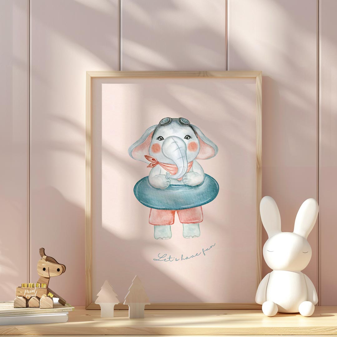 This playful illustration captures the joyful energy of childhood through a charming elephant chara… for nursery