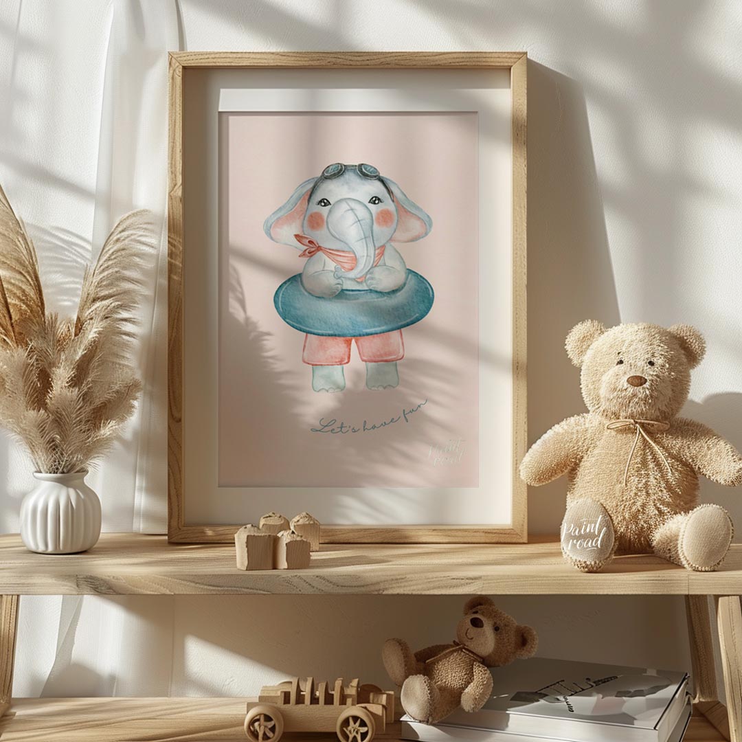 This playful illustration captures the joyful energy of childhood through a charming elephant chara… for nursery