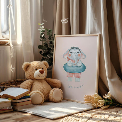 This playful illustration captures the joyful energy of childhood through a charming elephant chara… for nursery