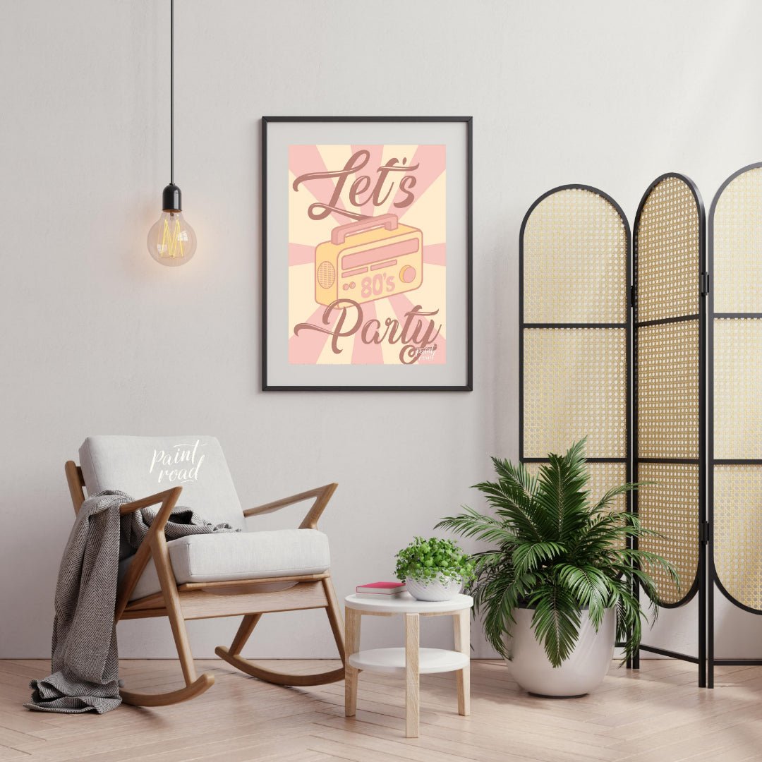 This fun and nostalgic graphic poster evokes the spirit of the 1980s with a “Let’s Party” theme. Th… for living room