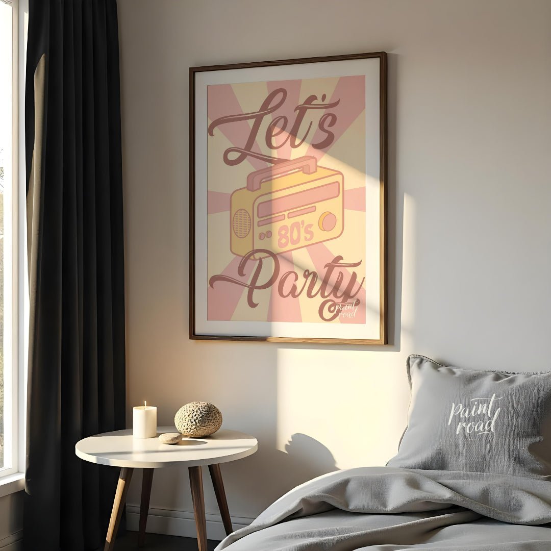 Let’s Party 80s Radio Poster Painting available online at Paintroad showing 80s nostalgia artistic and bar area