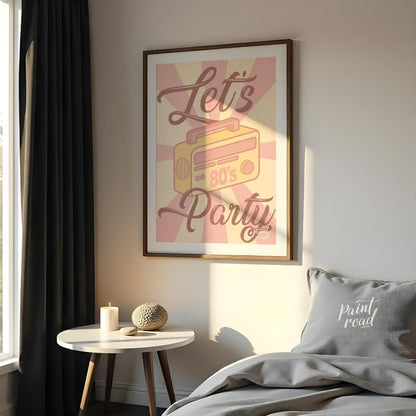 Let’s Party 80s Radio Poster Painting available online at Paintroad showing 80s nostalgia artistic and bar area