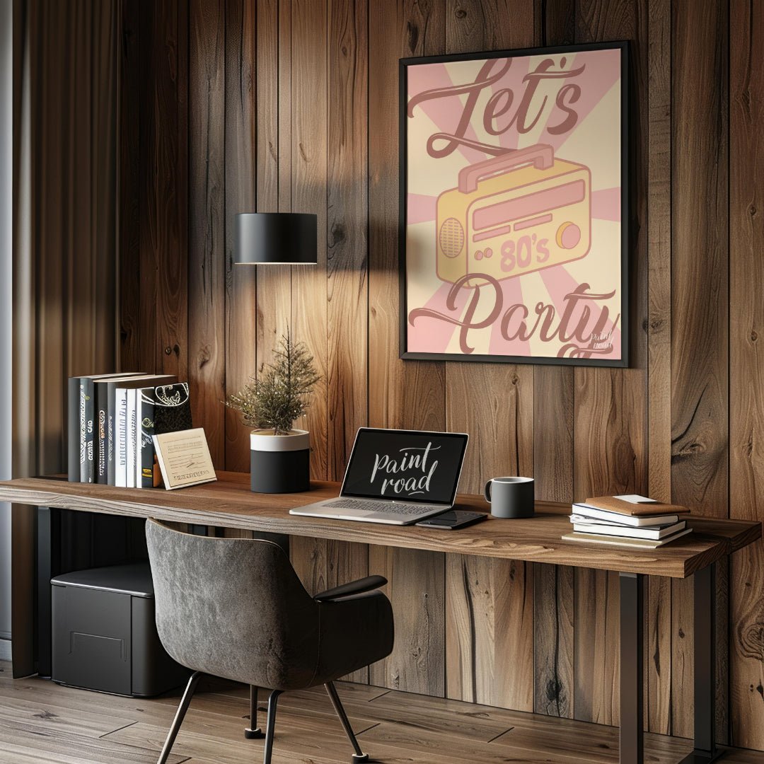 Let’s Party 80s Radio Poster Painting available online at Paintroad showing 80s nostalgia artistic and bar area